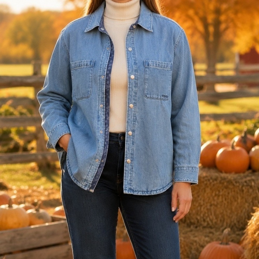 Levis Womens Reversible Denim Shirt Jacket Light Wash Blue Quilted Bandana Navy
